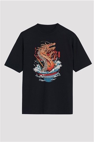 Ejderha Baskılı Unisex Siyah Oversize Tişört - Tshirt