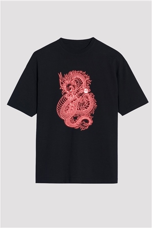 Ejderha Baskılı Unisex Siyah Oversize Tişört - Tshirt