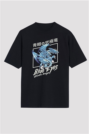 Ejderha Baskılı Unisex Siyah Oversize Tişört - Tshirt