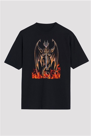 Ejderha Baskılı Unisex Siyah Oversize Tişört - Tshirt
