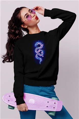 Ejderha Baskılı Unisex Siyah Sweatshirt
