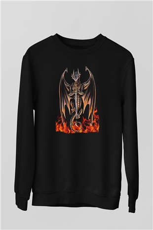 Ejderha Baskılı Unisex Siyah Sweatshirt