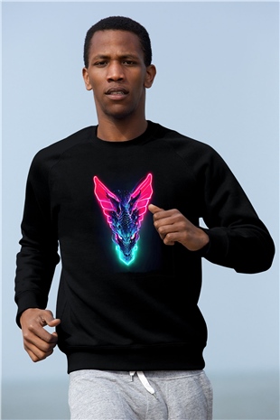 Ejderha Baskılı Unisex Siyah Sweatshirt