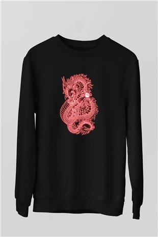 Ejderha Baskılı Unisex Siyah Sweatshirt