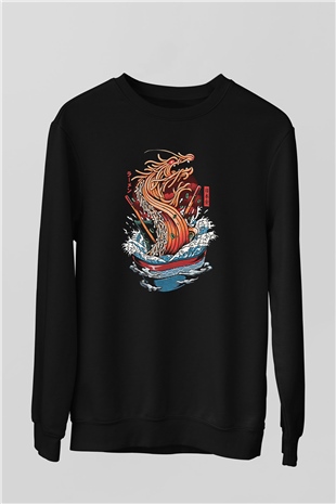 Ejderha Baskılı Unisex Siyah Sweatshirt