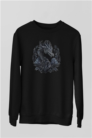 Ejderha Baskılı Unisex Siyah Sweatshirt