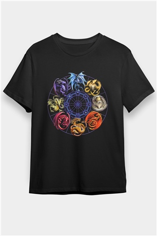 Ejderha Baskılı Unisex Siyah Tişört - Tshirt