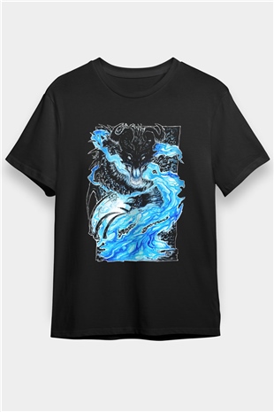 Ejderha Baskılı Unisex Siyah Tişört - Tshirt