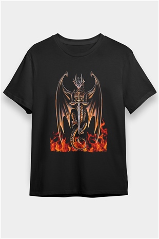 Ejderha Baskılı Unisex Siyah Tişört - Tshirt