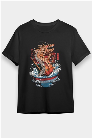 Ejderha Baskılı Unisex Siyah Tişört - Tshirt