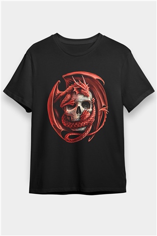 Ejderha Baskılı Unisex Siyah Tişört - Tshirt
