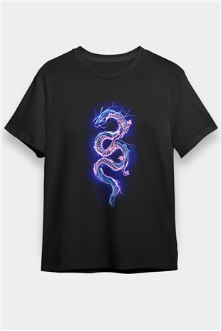 Ejderha Baskılı Unisex Siyah Tişört - Tshirt