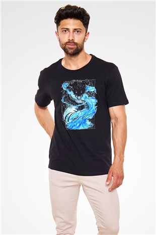 Ejderha Baskılı Unisex Siyah Tişört - Tshirt