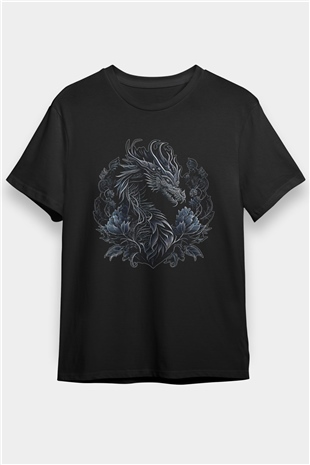 Ejderha Baskılı Unisex Siyah Tişört - Tshirt