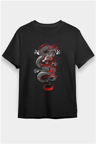 Ejderha Baskılı Unisex Siyah Tişört - Tshirt