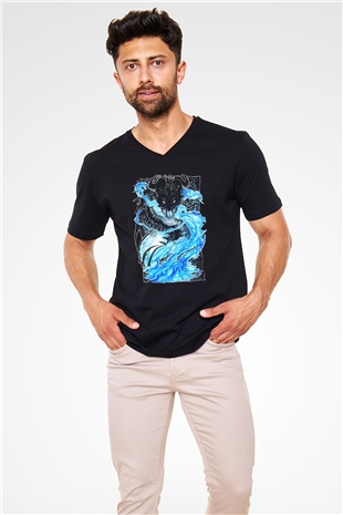 Ejderha Baskılı Unisex Siyah V Yaka Tişört - Tshirt