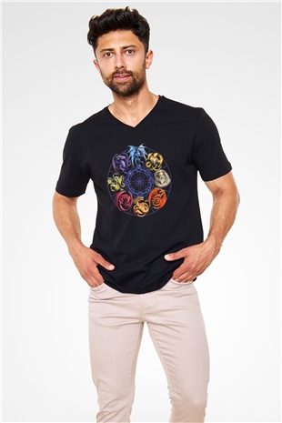 Ejderha Baskılı Unisex Siyah V Yaka Tişört - Tshirt