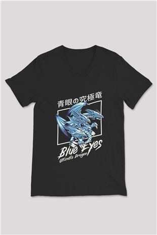 Ejderha Baskılı Unisex Siyah V Yaka Tişört - Tshirt
