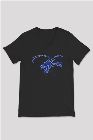 Ejderha Baskılı Unisex Siyah V Yaka Tişört - Tshirt