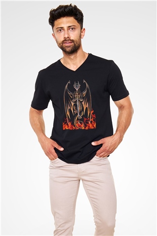 Ejderha Baskılı Unisex Siyah V Yaka Tişört - Tshirt