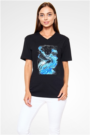 Ejderha Baskılı Unisex Siyah V Yaka Tişört - Tshirt