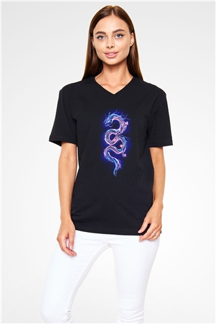 Ejderha Baskılı Unisex Siyah V Yaka Tişört - Tshirt