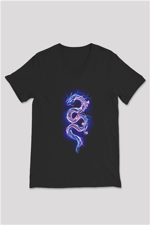 Ejderha Baskılı Unisex Siyah V Yaka Tişört - Tshirt