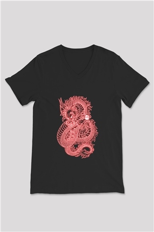 Ejderha Baskılı Unisex Siyah V Yaka Tişört - Tshirt