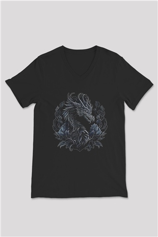 Ejderha Baskılı Unisex Siyah V Yaka Tişört - Tshirt