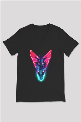 Ejderha Baskılı Unisex Siyah V Yaka Tişört - Tshirt