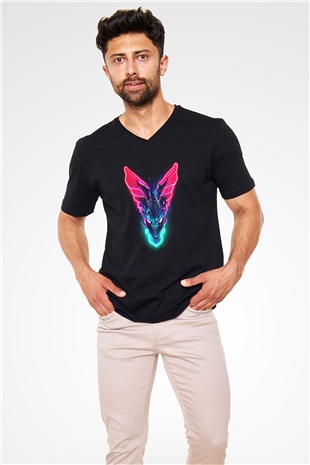 Ejderha Baskılı Unisex Siyah V Yaka Tişört - Tshirt