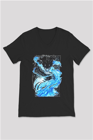 Ejderha Baskılı Unisex Siyah V Yaka Tişört - Tshirt