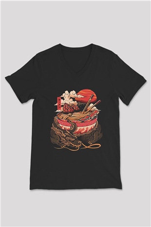 Ejderha Baskılı Unisex Siyah V Yaka Tişört - Tshirt