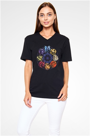 Ejderha Baskılı Unisex Siyah V Yaka Tişört - Tshirt