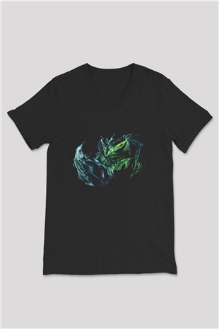 Ejderha Baskılı Unisex Siyah V Yaka Tişört - Tshirt