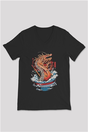 Ejderha Baskılı Unisex Siyah V Yaka Tişört - Tshirt