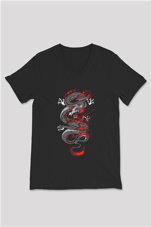 Ejderha Baskılı Unisex Siyah V Yaka Tişört - Tshirt
