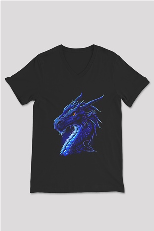 Ejderha Baskılı Unisex Siyah V Yaka Tişört - Tshirt