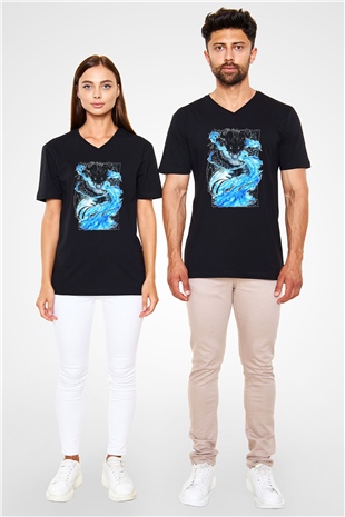 Ejderha Baskılı Unisex Siyah V Yaka Tişört - Tshirt