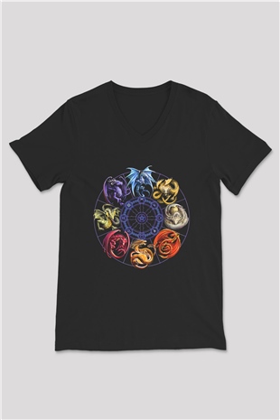 Ejderha Baskılı Unisex Siyah V Yaka Tişört - Tshirt