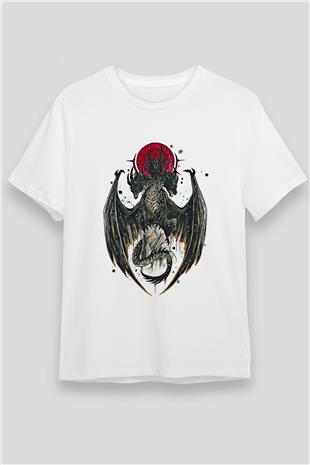 Ejderha Unisex Baskılı Beyaz Tişört - Tshirt