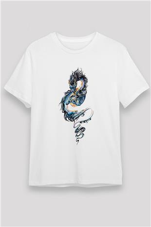 Ejderha Unisex Baskılı Beyaz Tişört - Tshirt