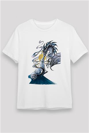 Ejderha Unisex Baskılı Beyaz Tişört - Tshirt