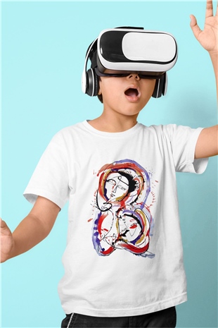 Ekspresyonizm Baskılı Beyaz Unisex Çocuk Tişört