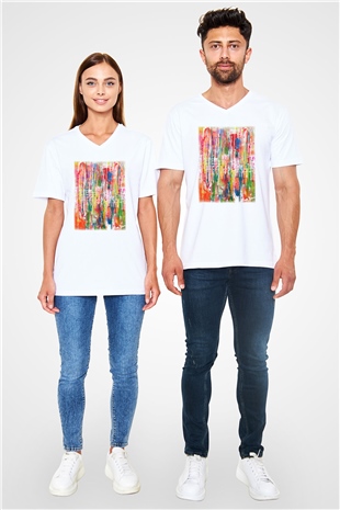 Ekspresyonizm Beyaz Unisex V Yaka Tişört T-Shirt