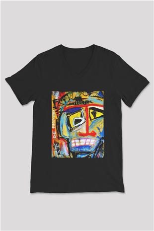 Ekspresyonizm Siyah Unisex V Yaka Tişört T-Shirt