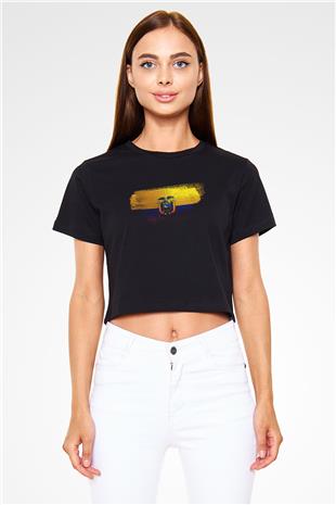 Ekvador - Ecuador Bayrağı Baskılı Kadın Crop Top Siyah Tişört