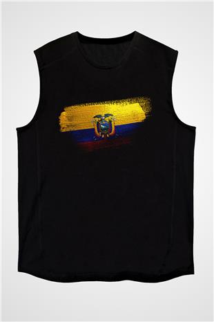 Ekvador - Ecuador Bayrağı Baskılı Unisex Siyah Kolsuz Tişört