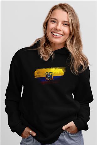 Ekvador - Ecuador Bayrağı Baskılı Unisex Siyah Hoodie