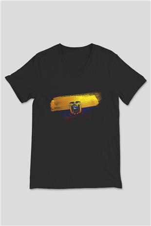 Ekvador - Ecuador Bayrağı Baskılı Unisex Siyah V Yaka Tişört